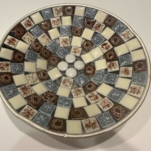 Vintage Mosaic Art Plate - Cream, Brown, and Blue